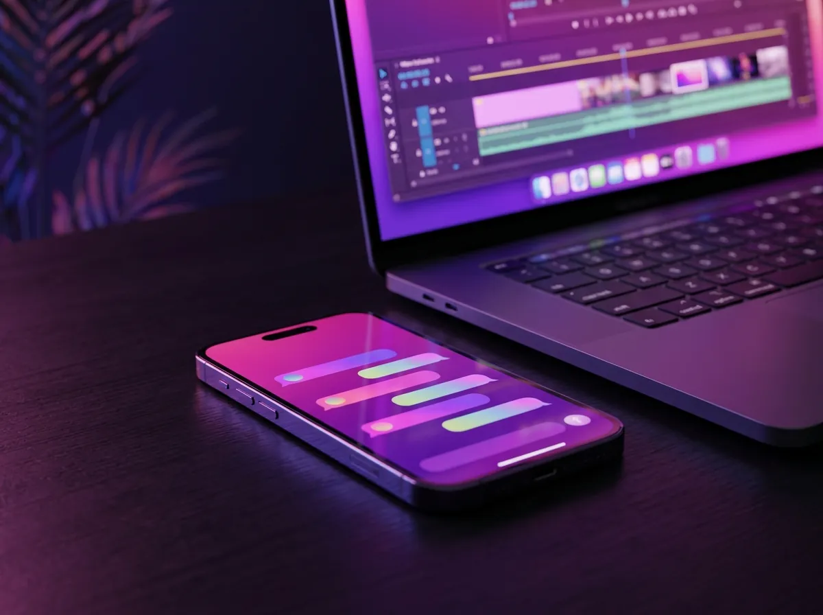 Teléfono con mensajes y laptop con editor de video